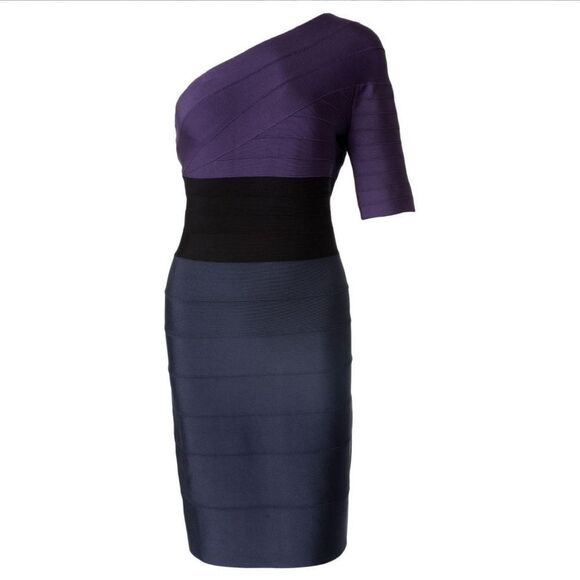 Herve Leger One-shoulder Tri-Colour Block Bandage Dress Size L - Picture 1 of 11
